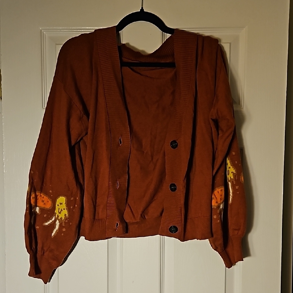 Rust Cardigan with Mushroom Design
